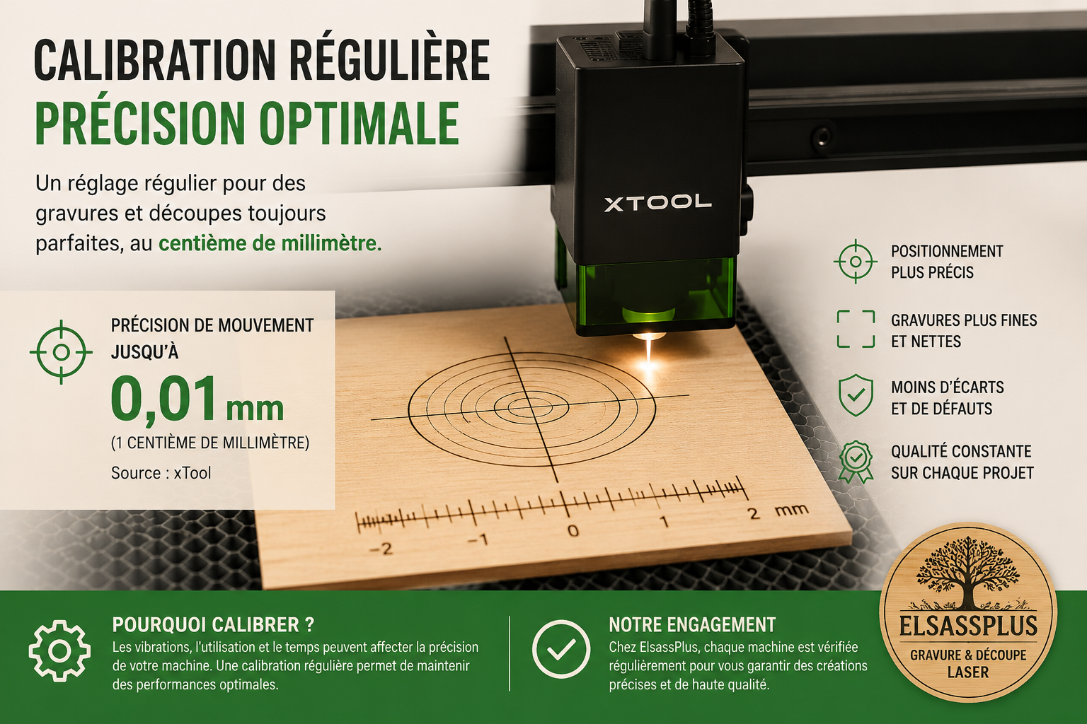 La calibration régulière de notre machine xTool garantit une précision optimale, pour des gravures et découpes toujours plus soignées et précises.